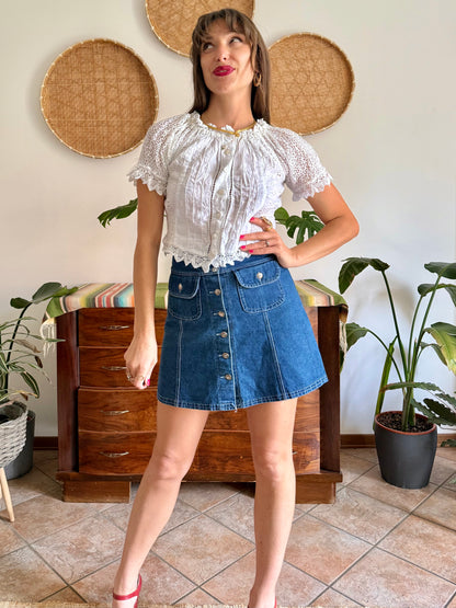 1970's vintage white linen and crocheted blouse