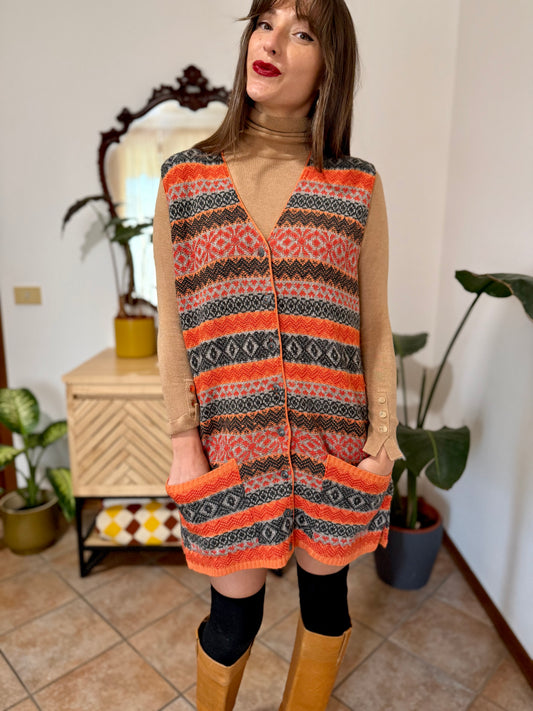 1990's vintage orange black and grey cashmere and wool blend knit mini dress