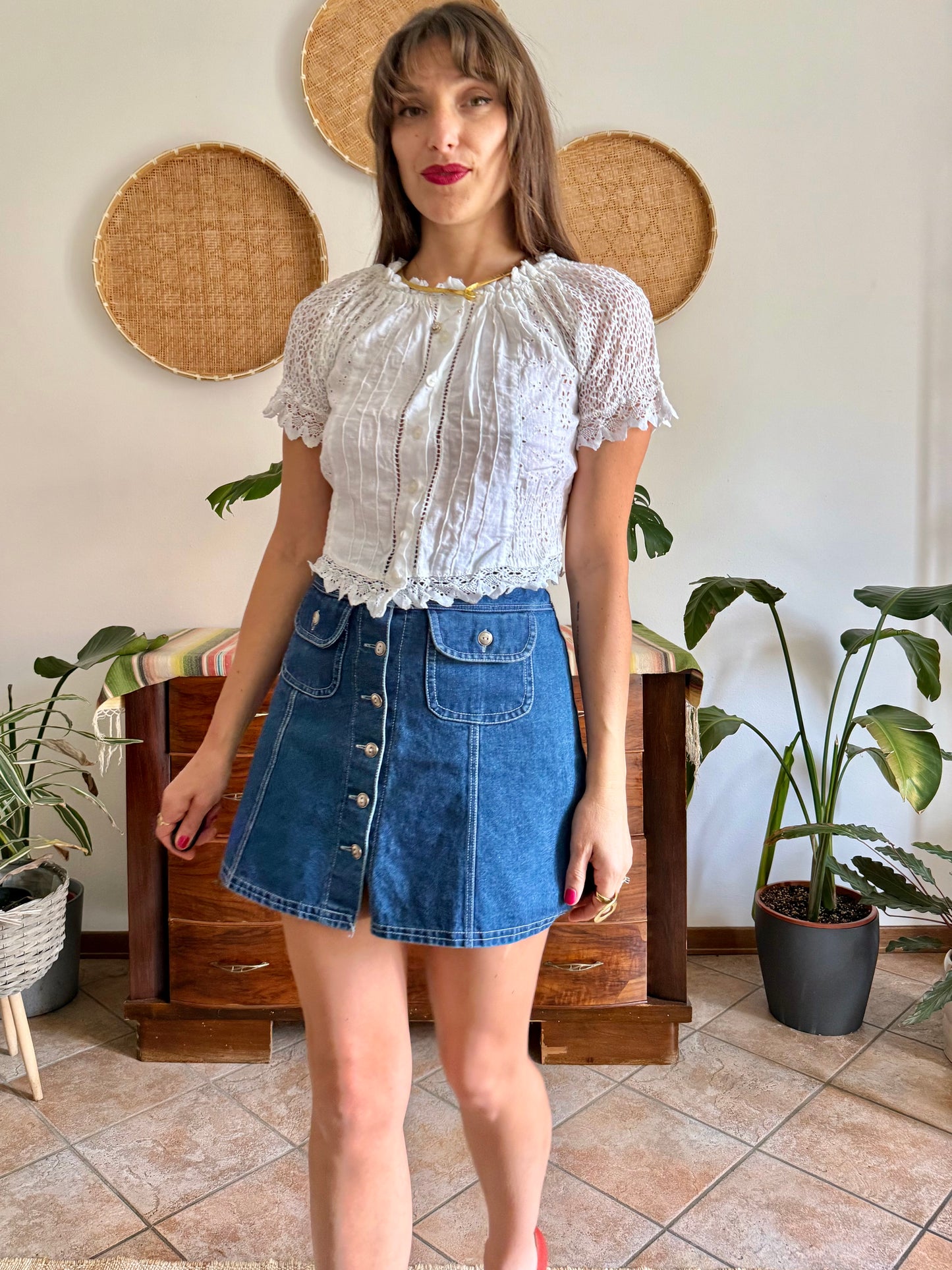 1970's vintage white linen and crocheted blouse
