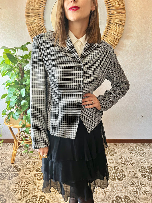 1980's vintage black and white square geometric print blazer