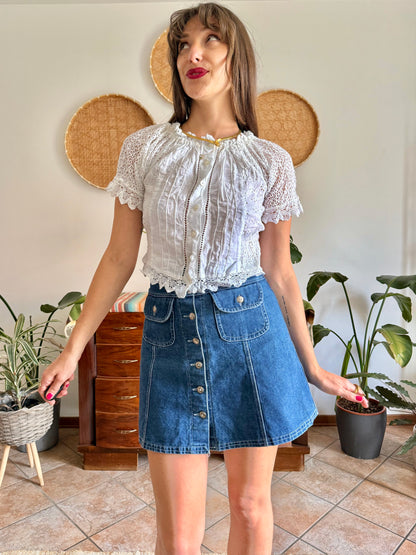 1970's vintage white linen and crocheted blouse