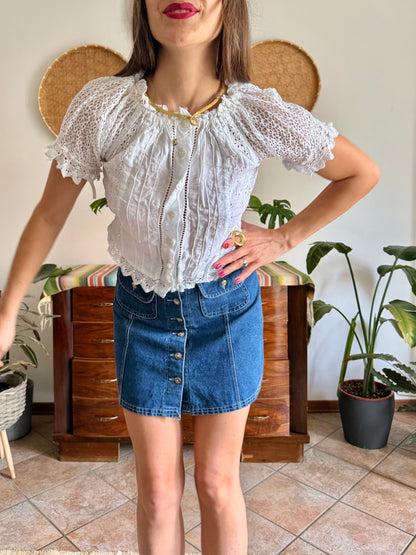 1970's vintage white linen and crocheted blouse