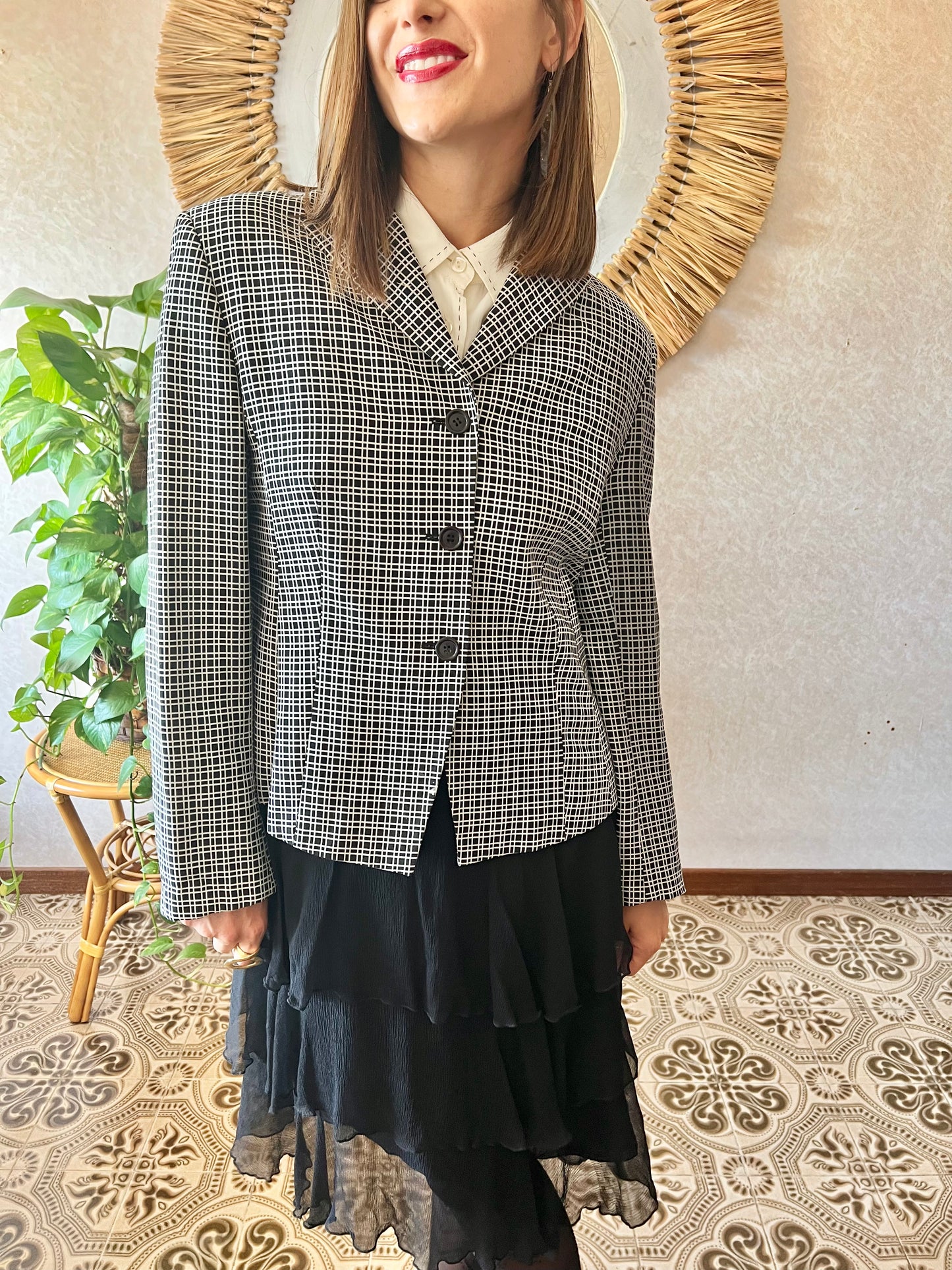 1980's vintage black and white square geometric print blazer