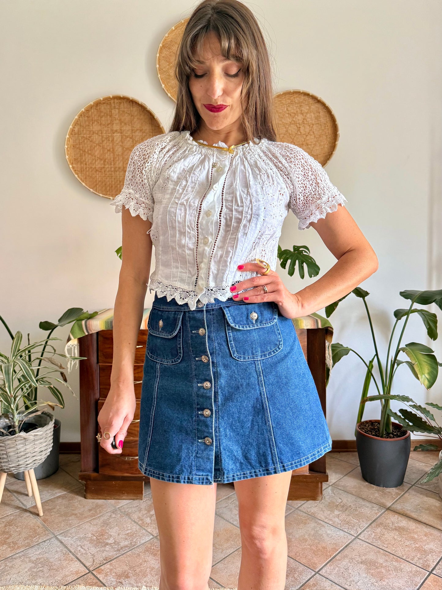 1970's vintage white linen and crocheted blouse
