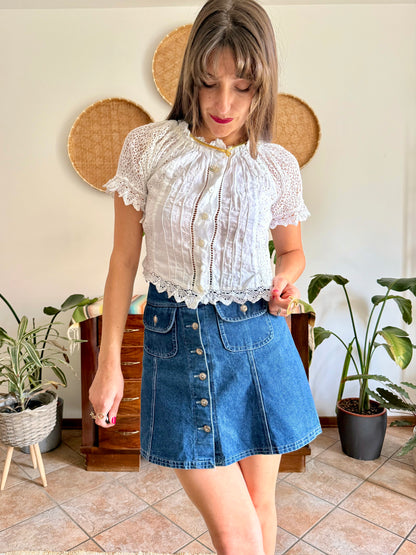 1970's vintage white linen and crocheted blouse