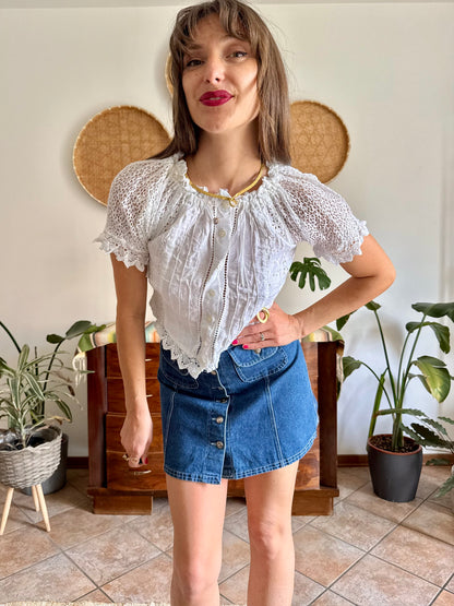 1970's vintage white linen and crocheted blouse