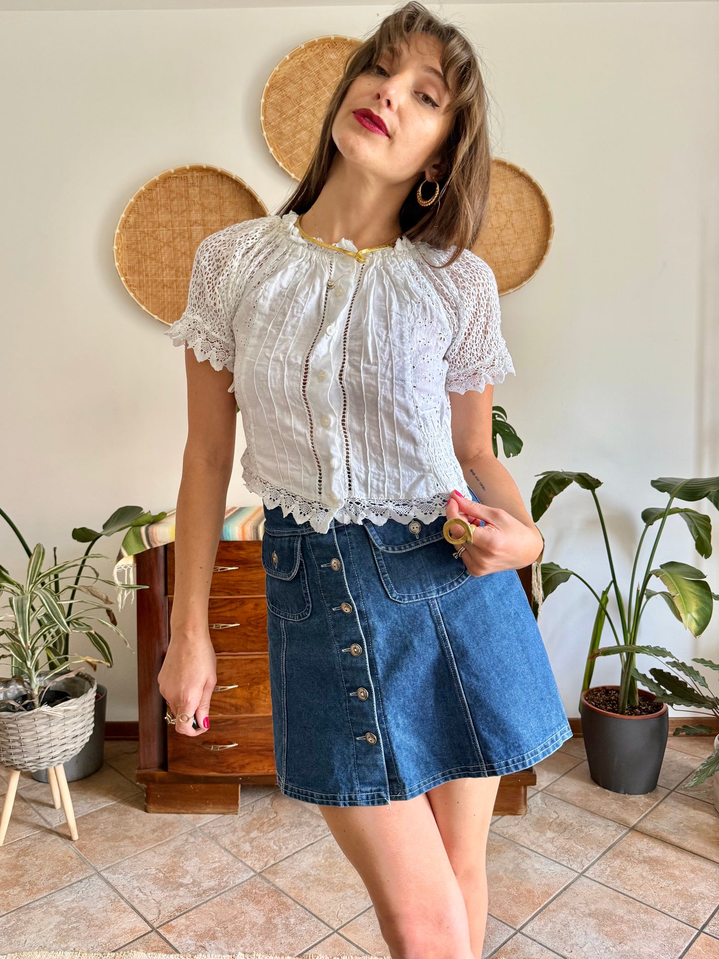 1970's vintage white linen and crocheted blouse
