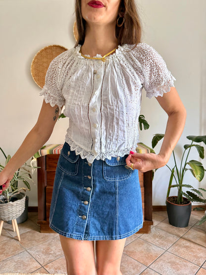 1970's vintage white linen and crocheted blouse