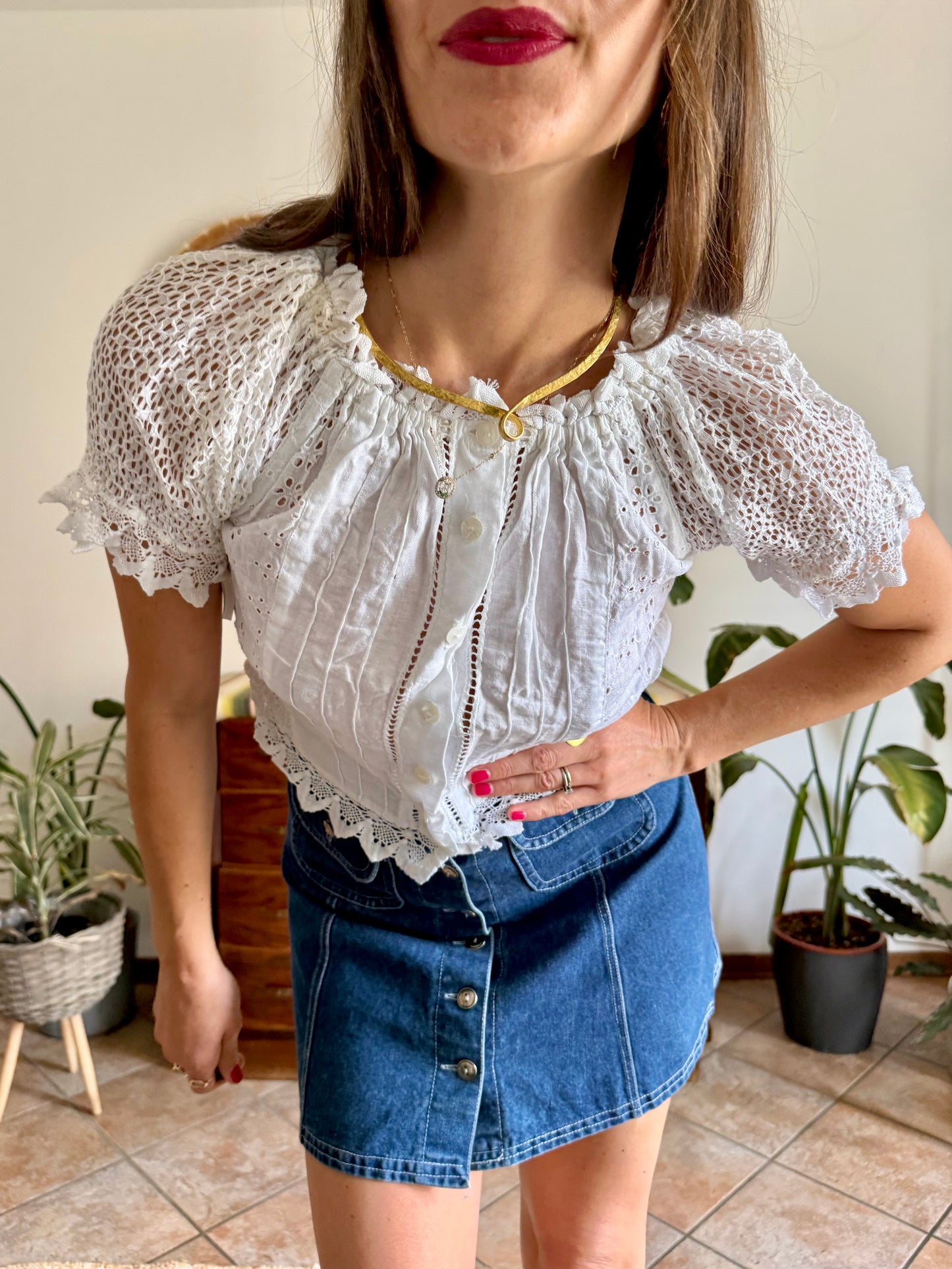 1970's vintage white linen and crocheted blouse