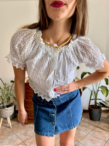 1970's vintage white linen and crocheted blouse