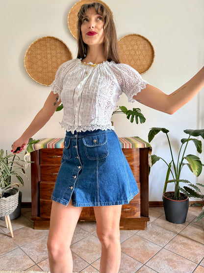 1970's vintage white linen and crocheted blouse