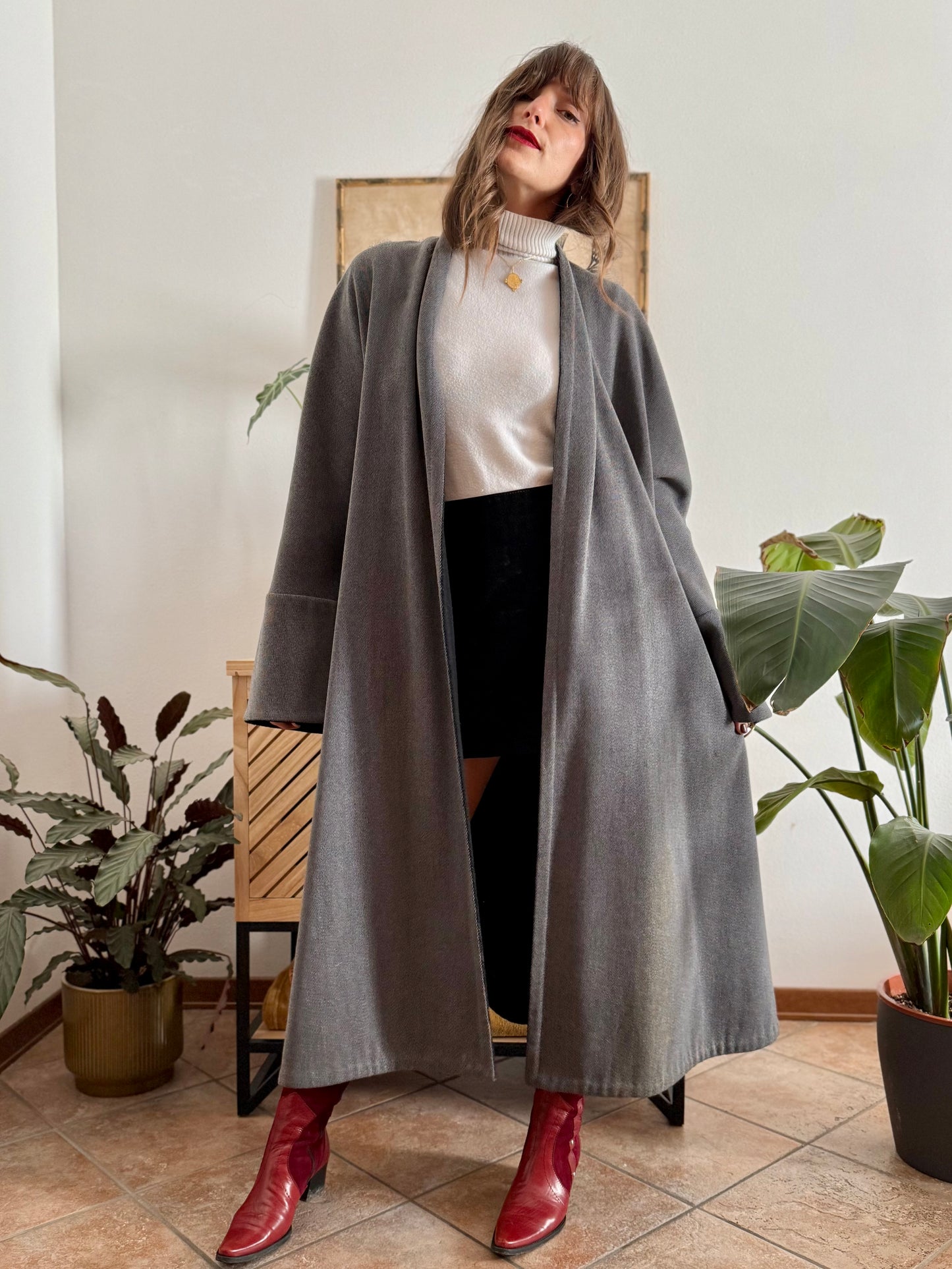 1960's vintage grey wool tweed overcoat with black lining