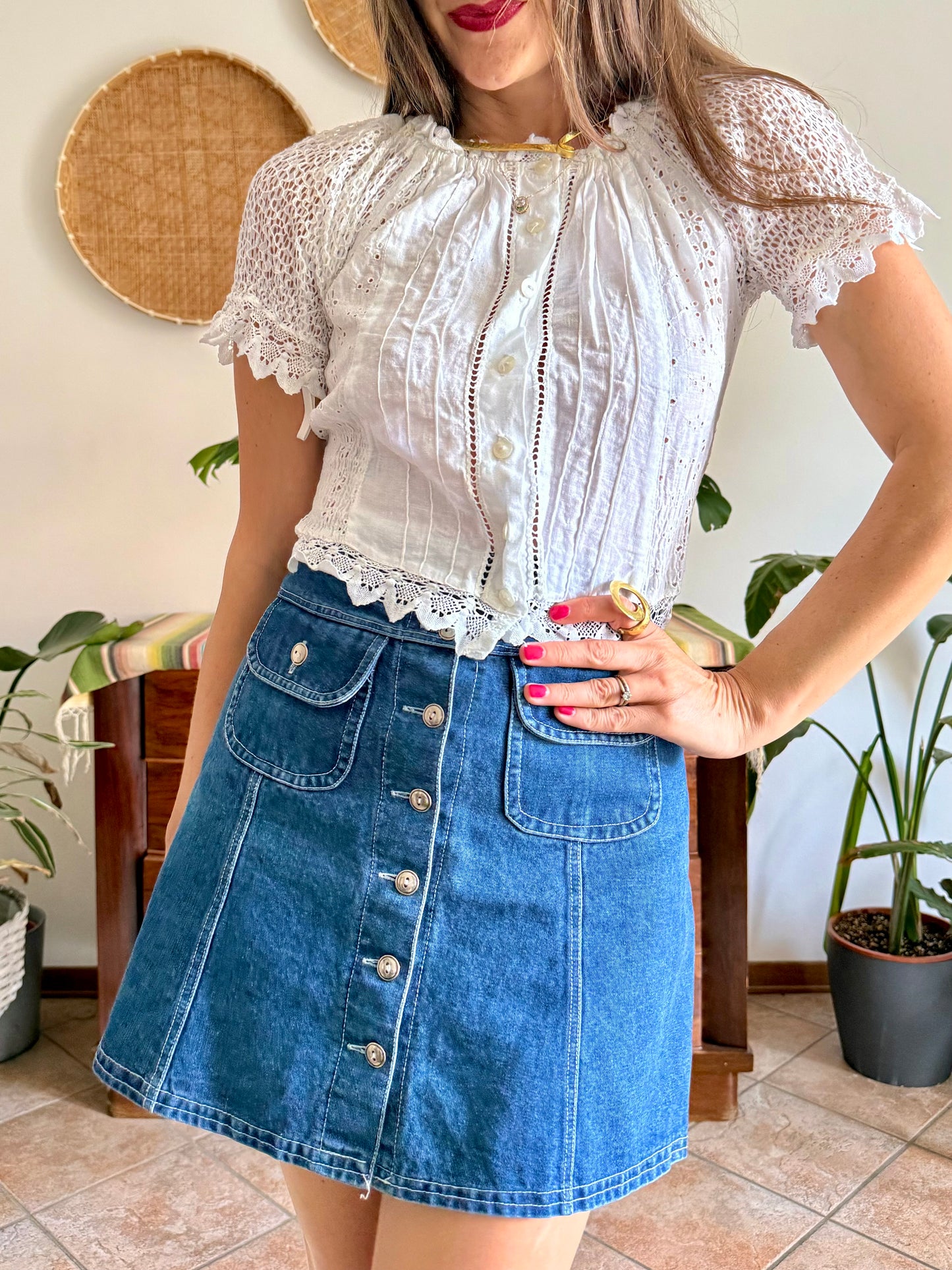 1970's vintage white linen and crocheted blouse