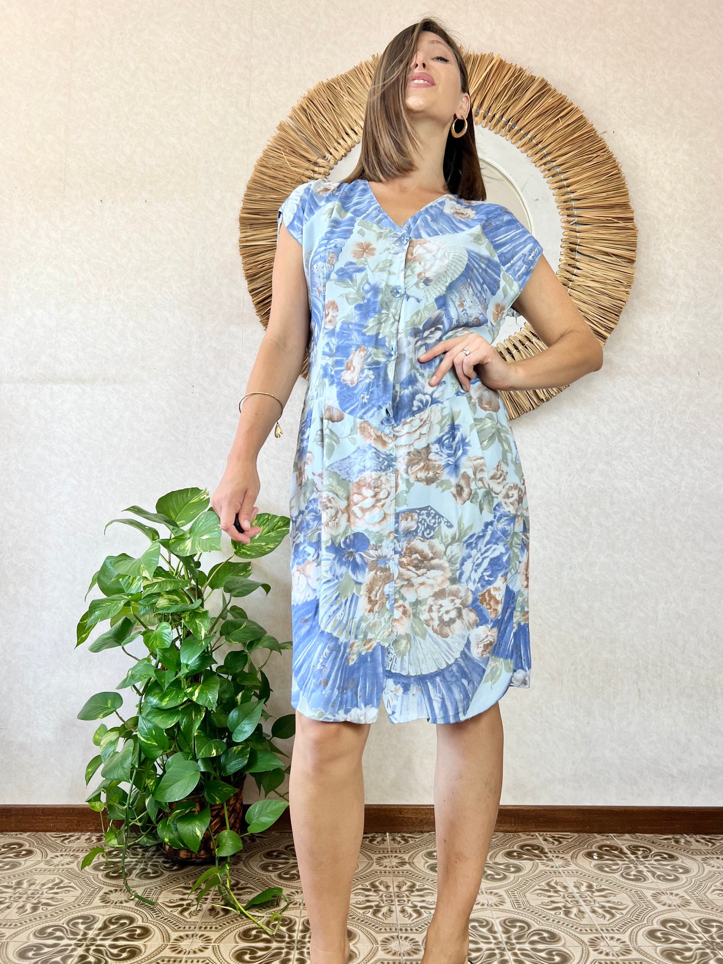 1970's vintage drop waist blue and tan fan and floral print dress