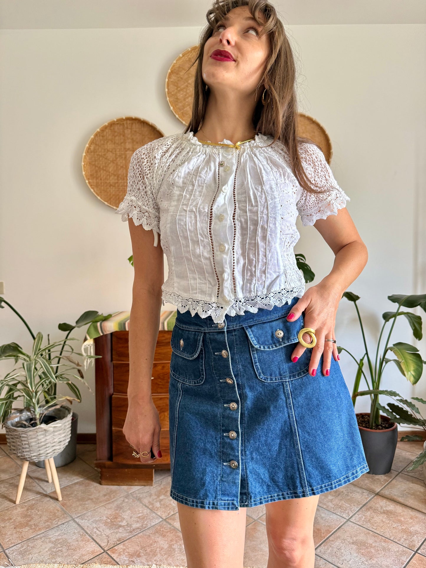 1970's vintage white linen and crocheted blouse
