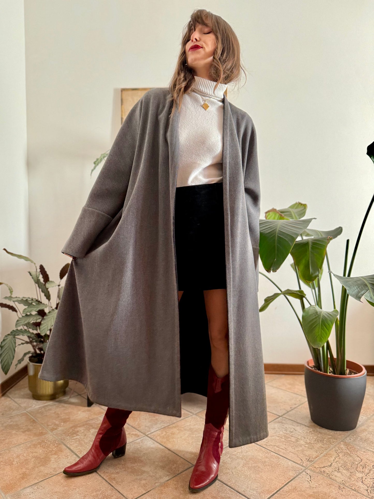 1960's vintage grey wool tweed overcoat with black lining