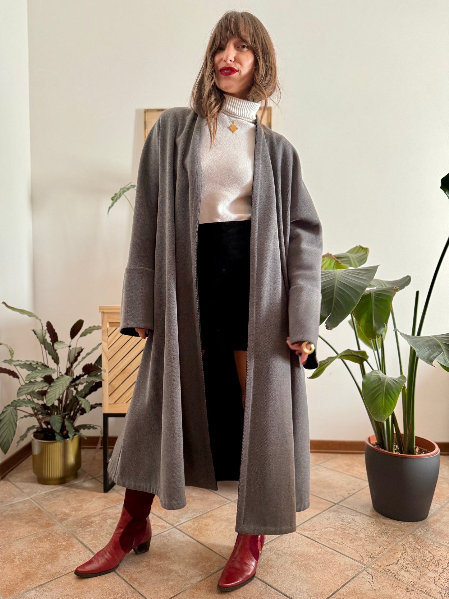 1960's vintage grey wool tweed overcoat with black lining