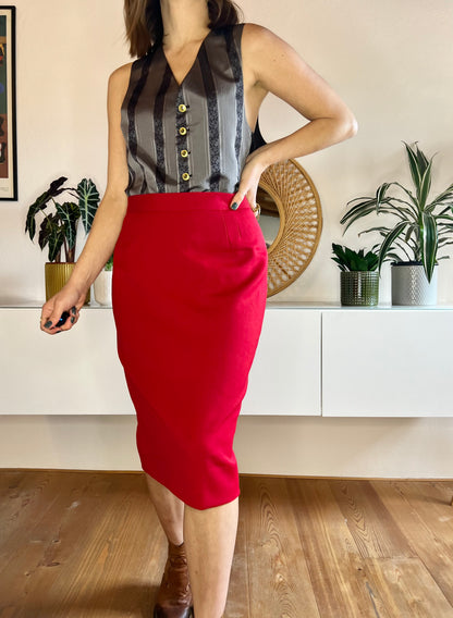 1970's vintage scarlet red knit wool pencil skirt