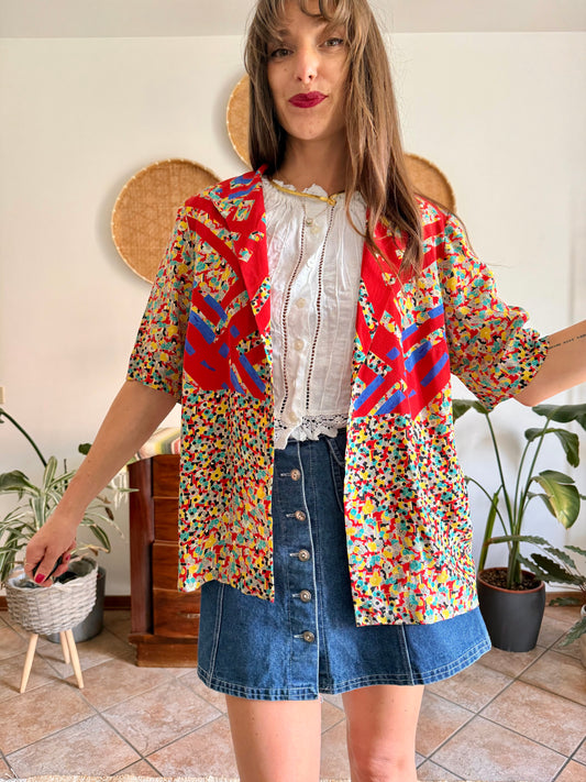 1970's vintage red with multicolor floral print silk shirt