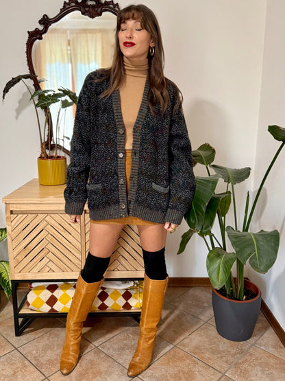 1990's vintage black wool cardigan with rainbow chevron pattern