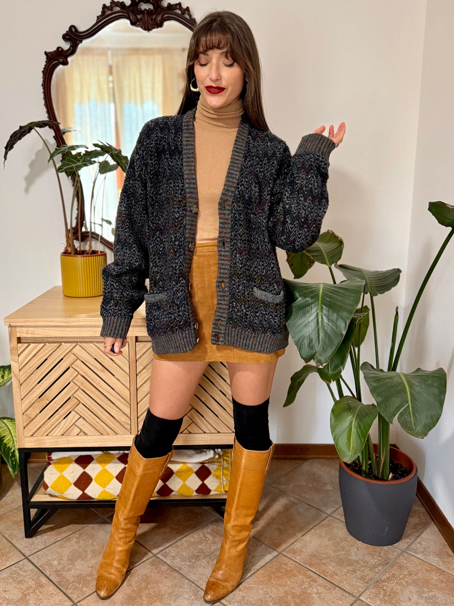 1990's vintage black wool cardigan with rainbow chevron pattern