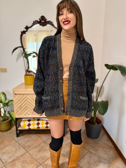 1990's vintage black wool cardigan with rainbow chevron pattern