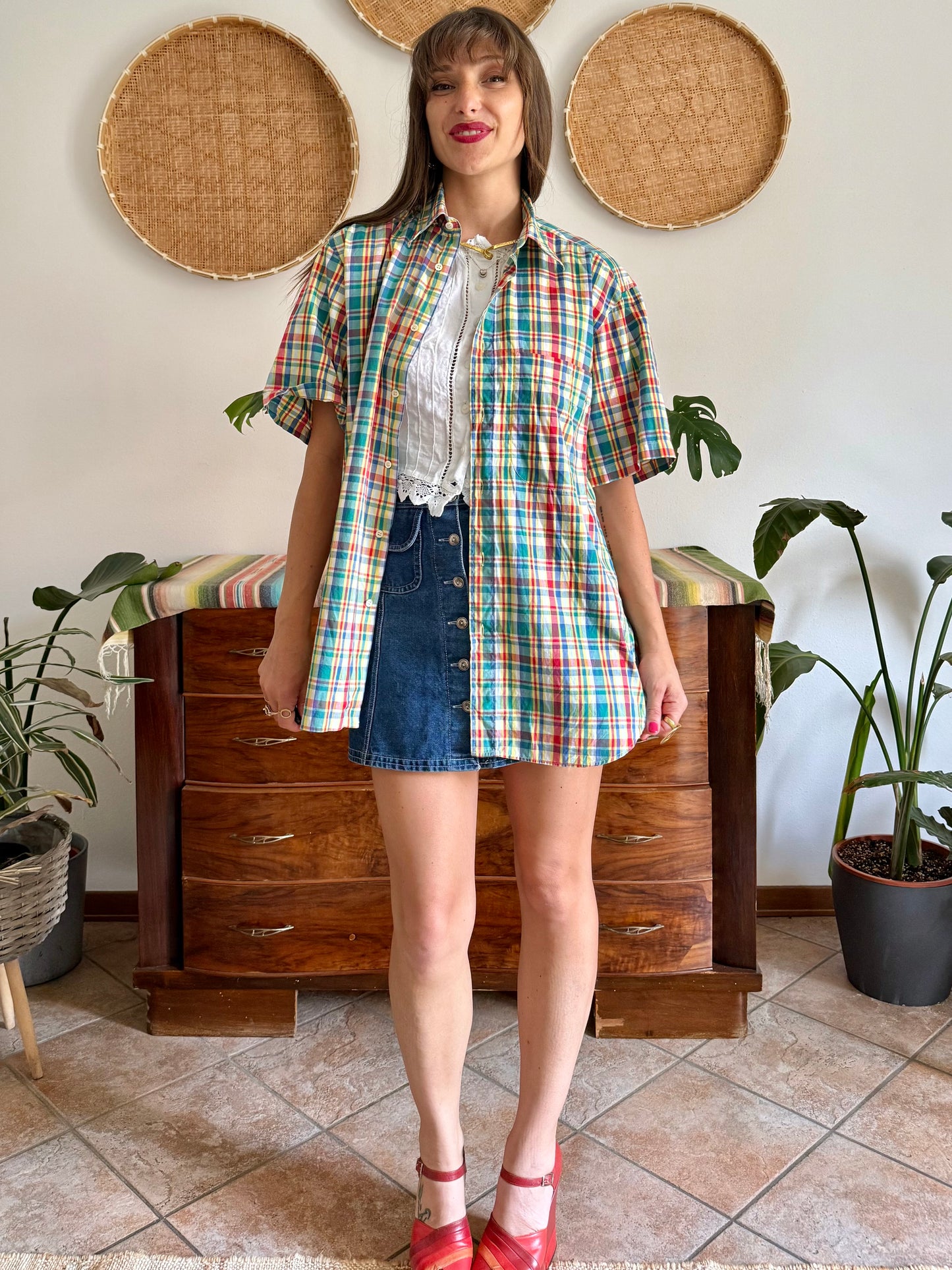 1970's vintage red, blue, green, yellow and blue oversize plaid shirt