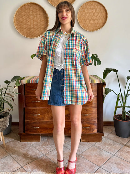 1970's vintage red, blue, green, yellow and blue oversize plaid shirt