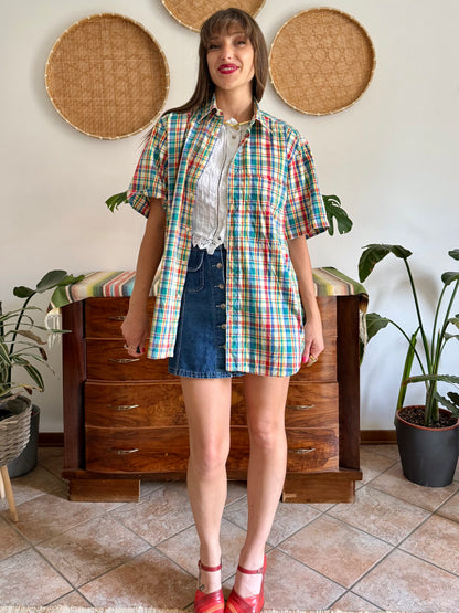 1970's vintage red, blue, green, yellow and blue oversize plaid shirt