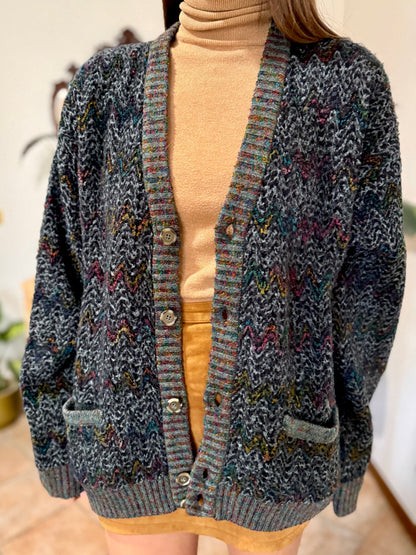 1990's vintage black wool cardigan with rainbow chevron pattern