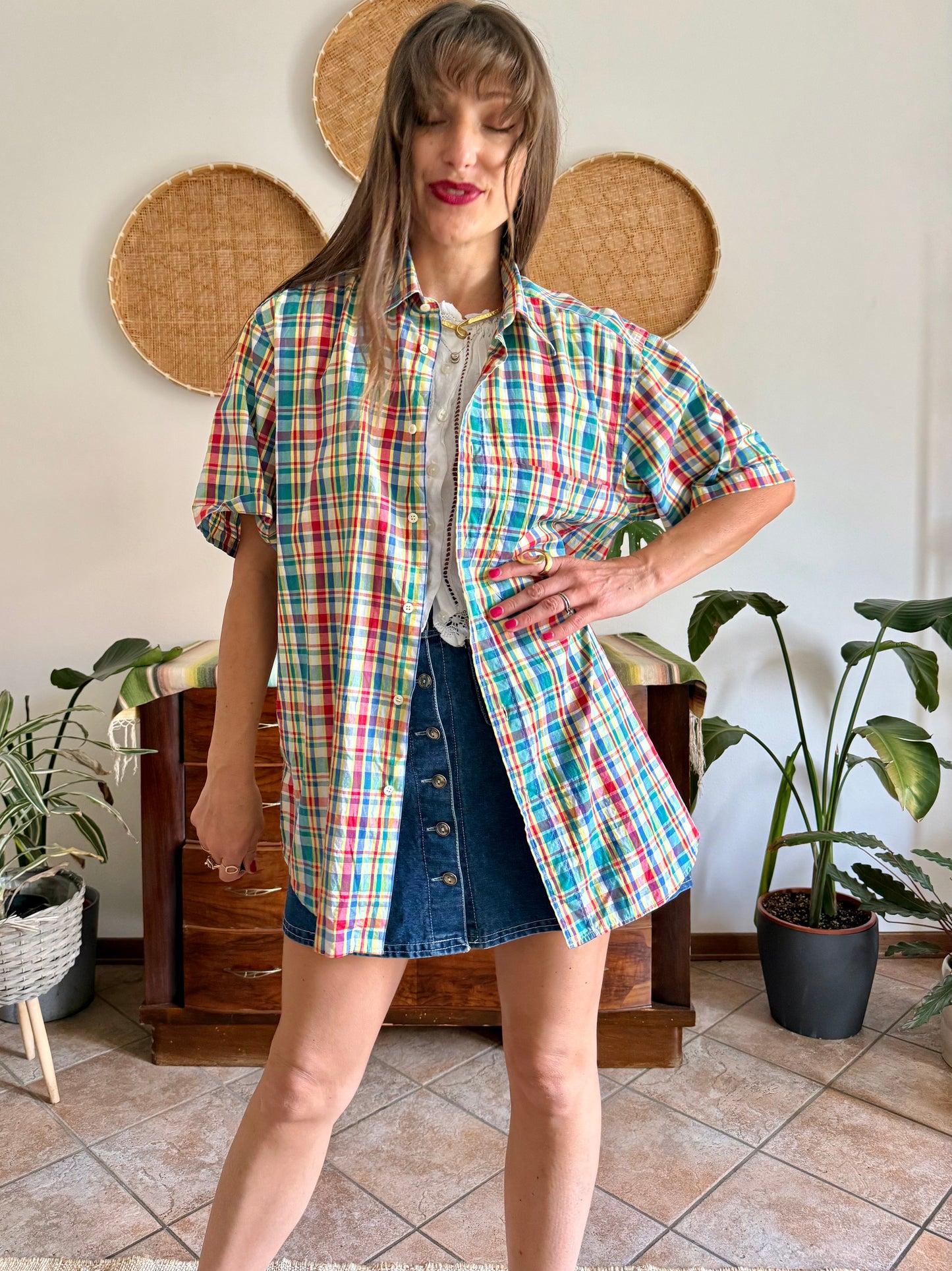 1970's vintage red, blue, green, yellow and blue oversize plaid shirt
