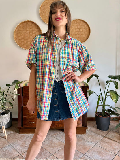 1970's vintage red, blue, green, yellow and blue oversize plaid shirt