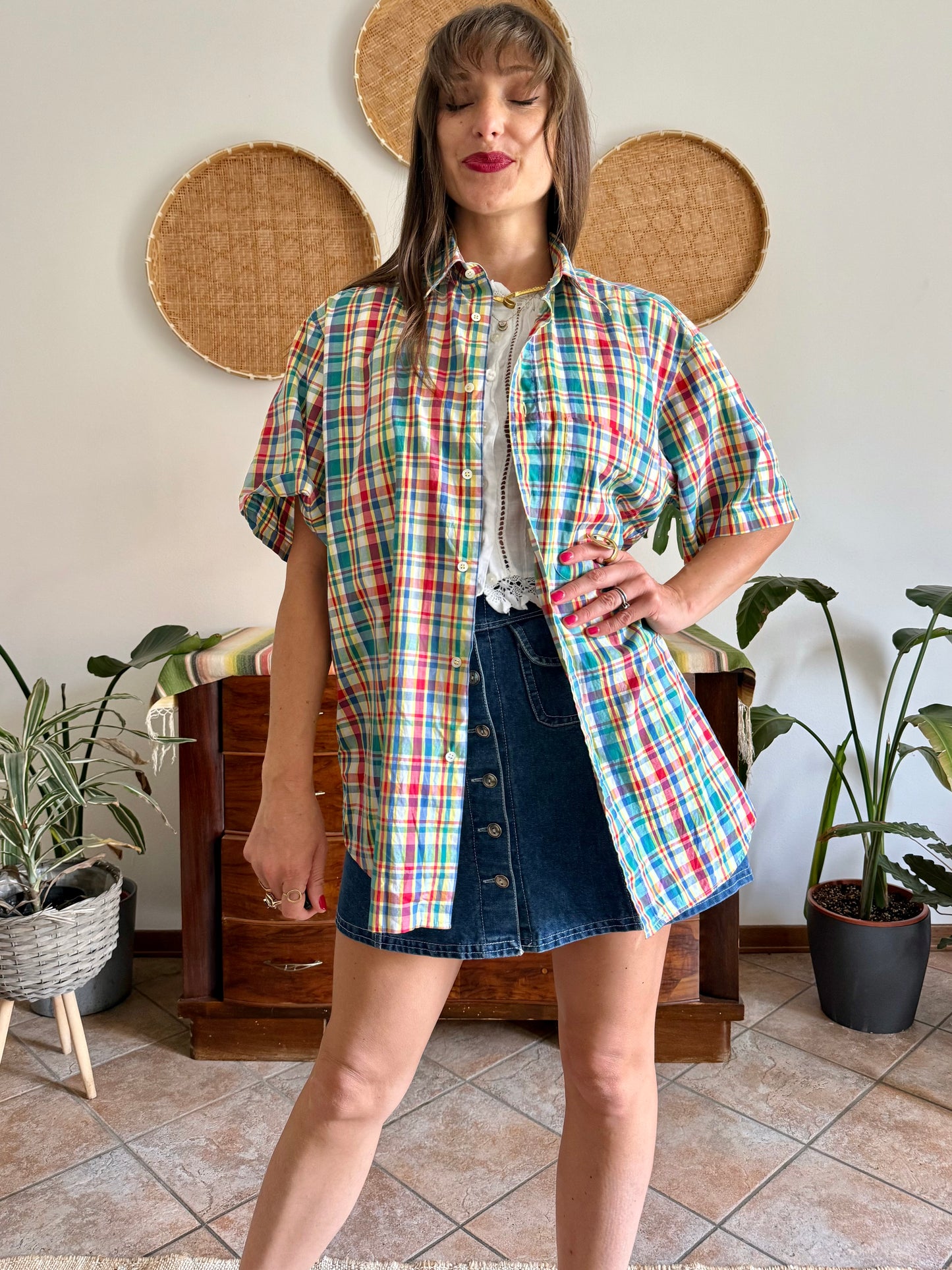 1970's vintage red, blue, green, yellow and blue oversize plaid shirt
