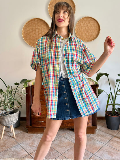 1970's vintage red, blue, green, yellow and blue oversize plaid shirt
