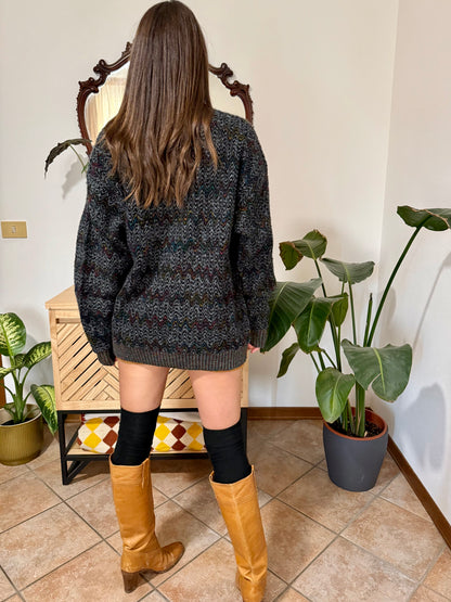 1990's vintage black wool cardigan with rainbow chevron pattern
