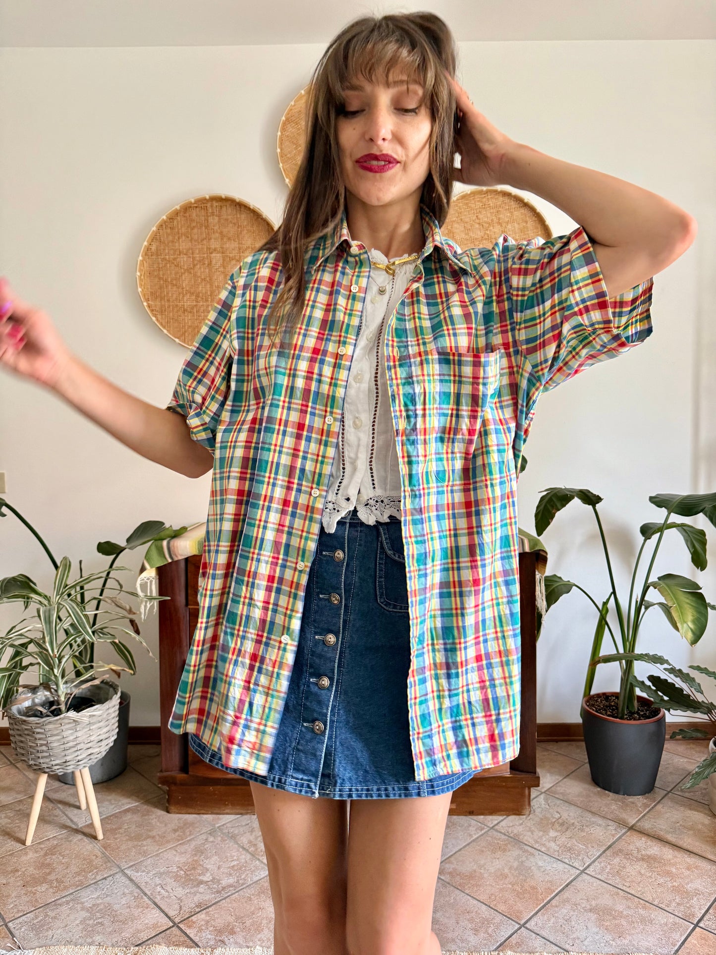 1970's vintage red, blue, green, yellow and blue oversize plaid shirt