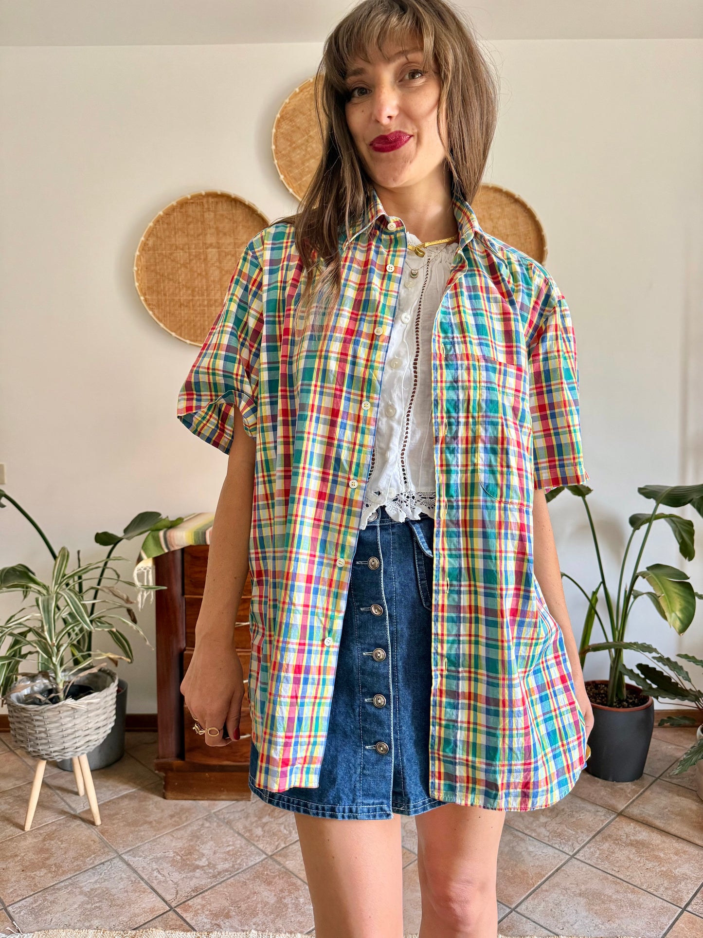 1970's vintage red, blue, green, yellow and blue oversize plaid shirt