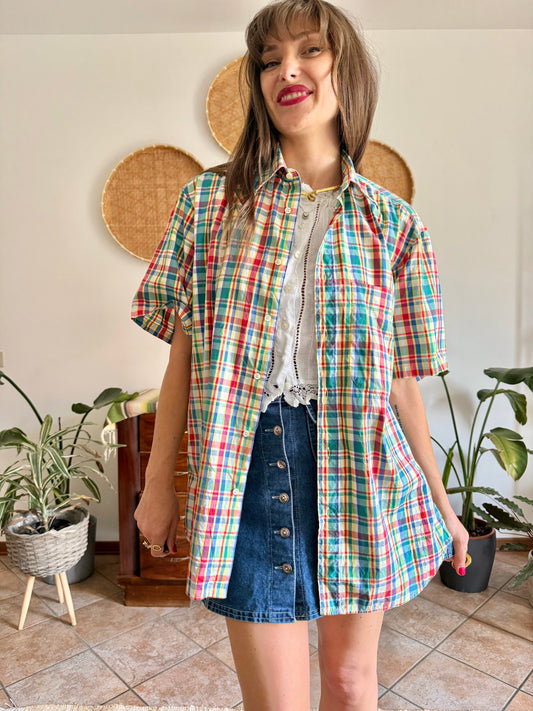 1970's vintage red, blue, green, yellow and blue oversize plaid shirt