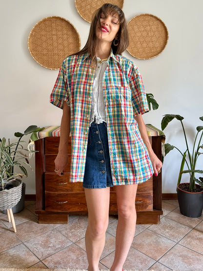 1970's vintage red, blue, green, yellow and blue oversize plaid shirt