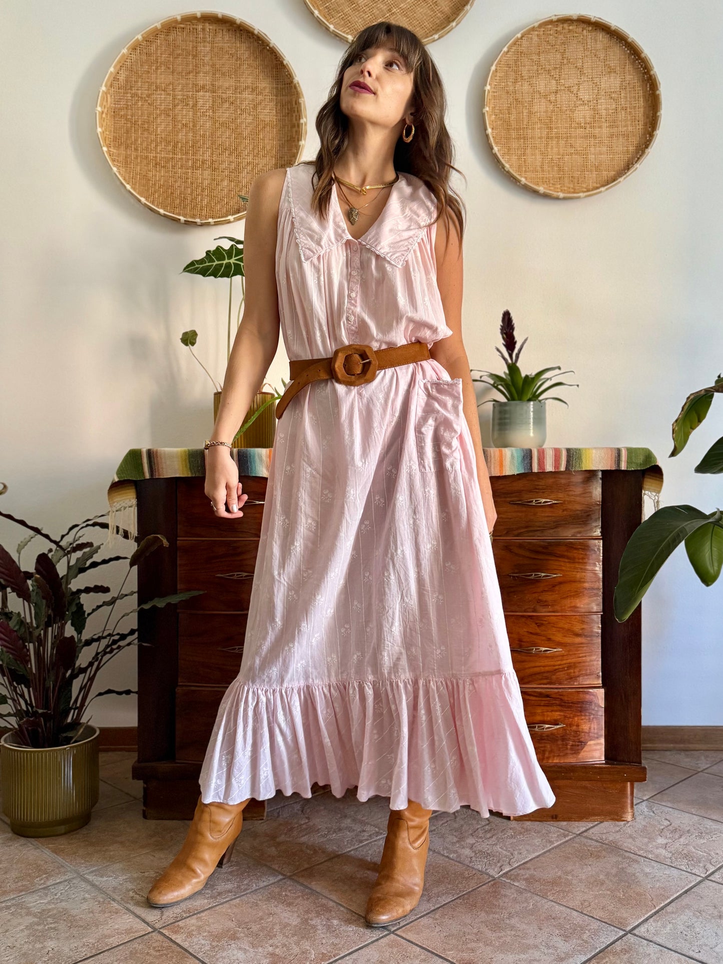 1970's vintage pink prairie taxi dress with white stripe and floral print