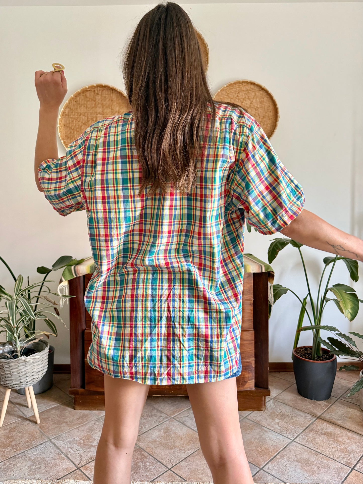 1970's vintage red, blue, green, yellow and blue oversize plaid shirt