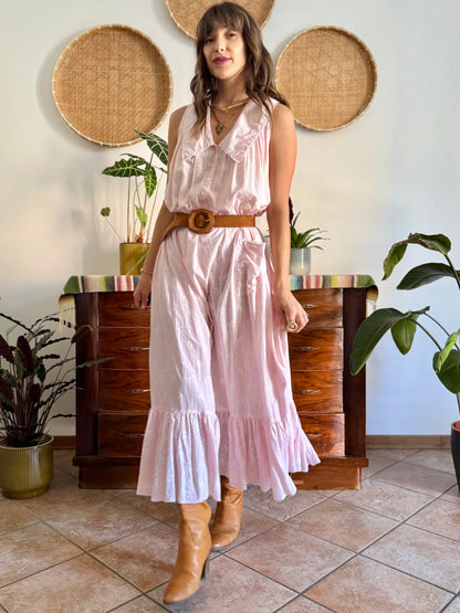 1970's vintage pink prairie taxi dress with white stripe and floral print