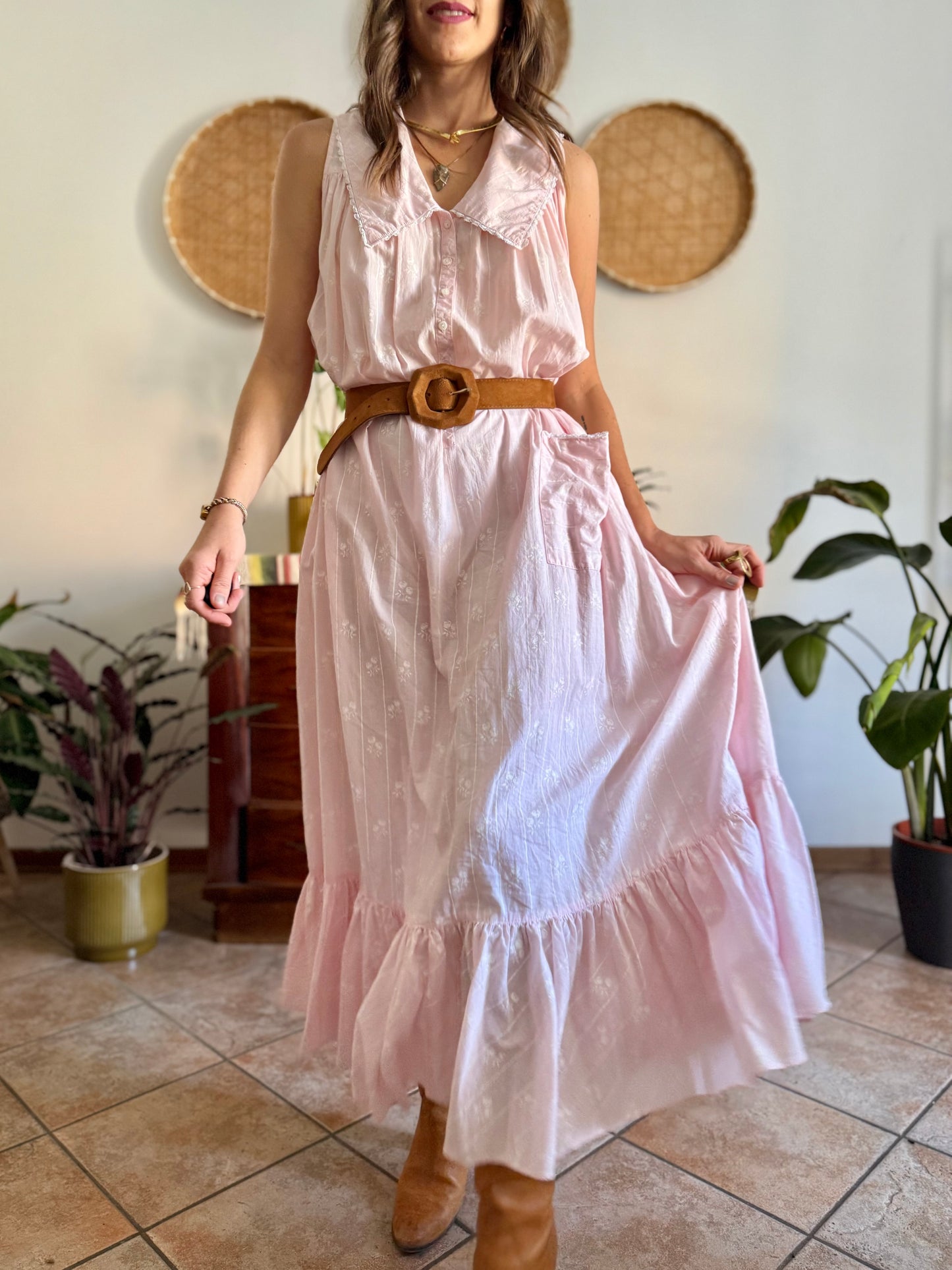 1970's vintage pink prairie taxi dress with white stripe and floral print