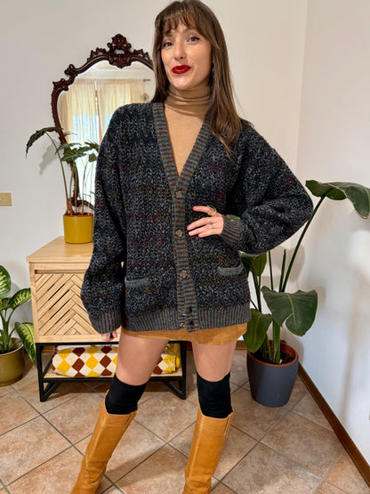 1990's vintage black wool cardigan with rainbow chevron pattern