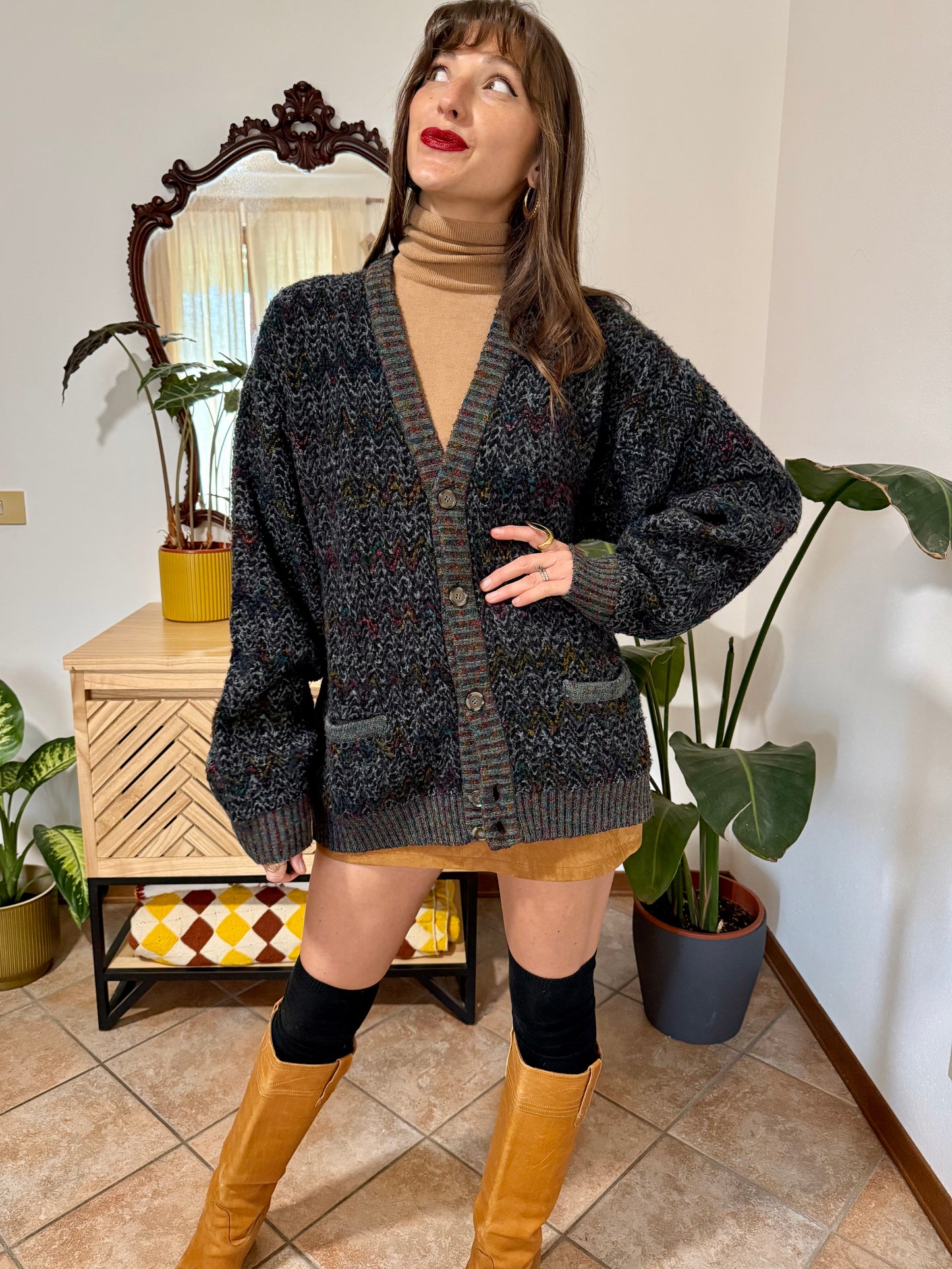 1990's vintage black wool cardigan with rainbow chevron pattern