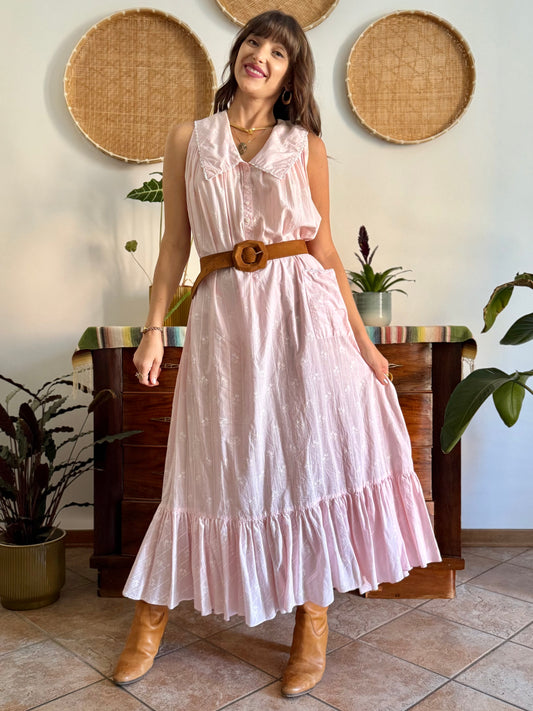 1970's vintage pink prairie taxi dress with white stripe and floral print