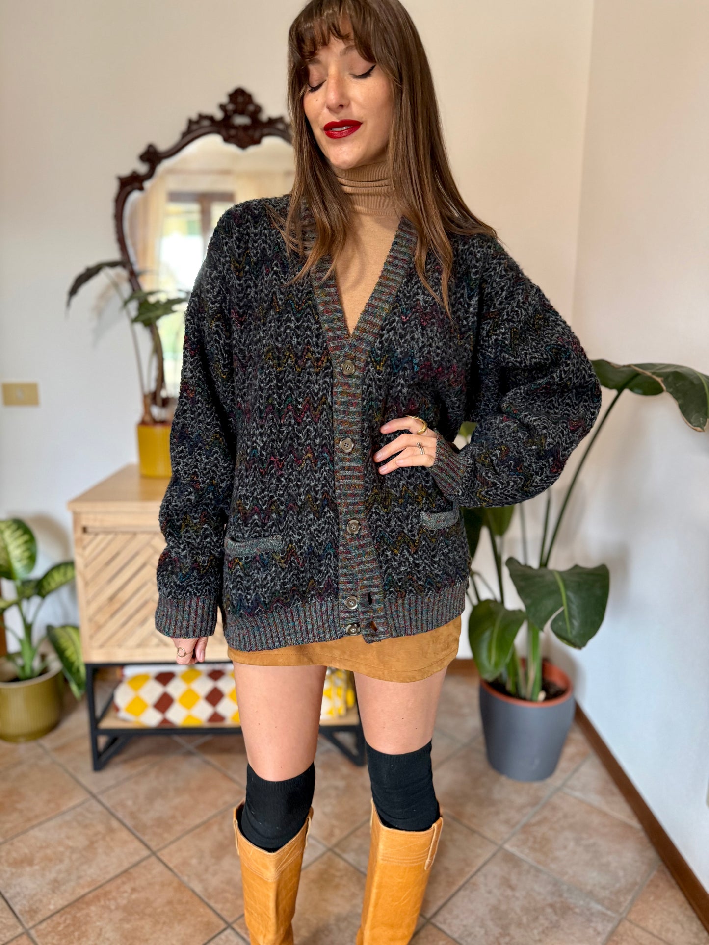 1990's vintage black wool cardigan with rainbow chevron pattern