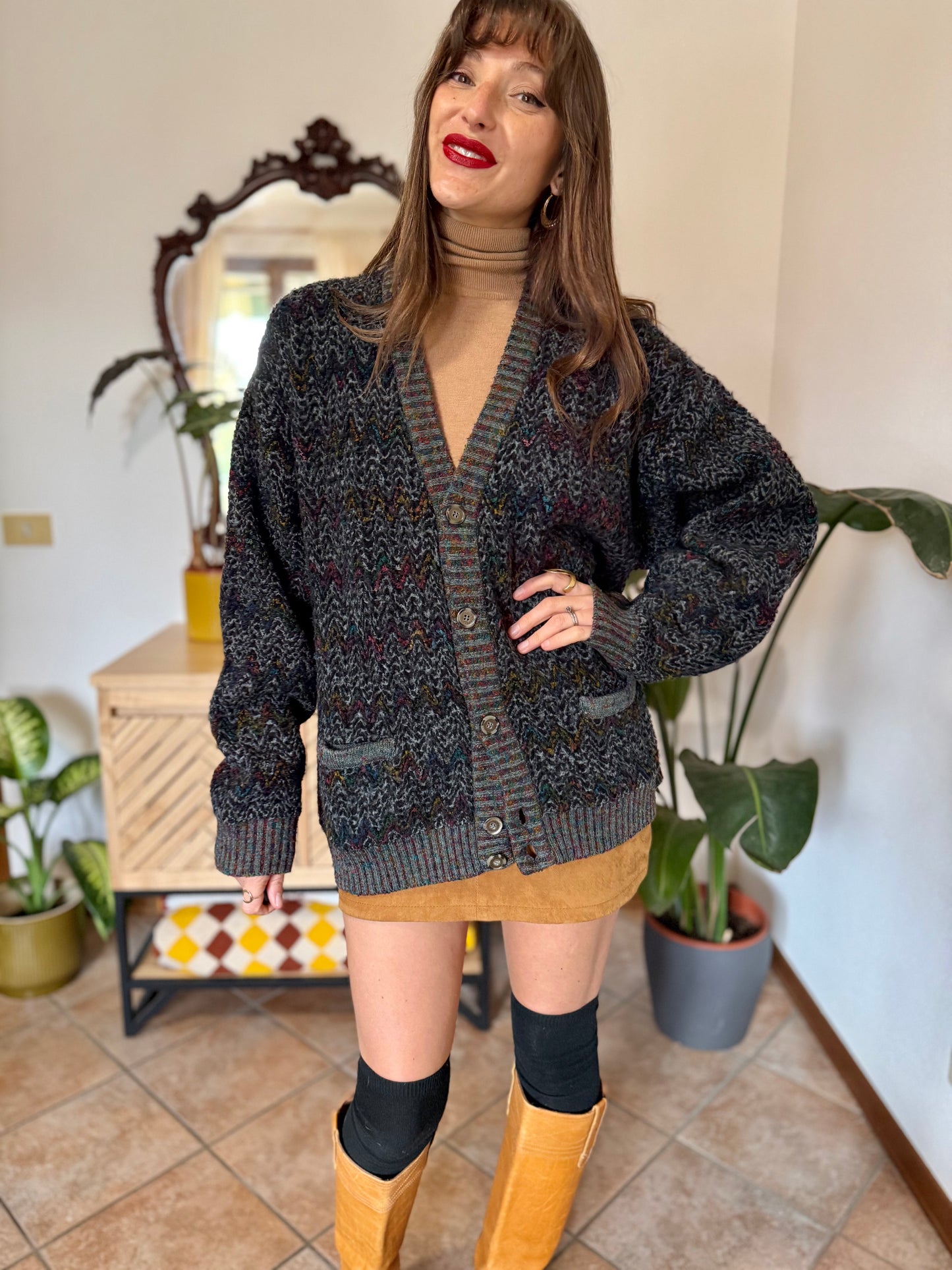 1990's vintage black wool cardigan with rainbow chevron pattern
