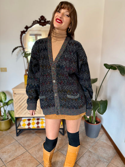1990's vintage black wool cardigan with rainbow chevron pattern