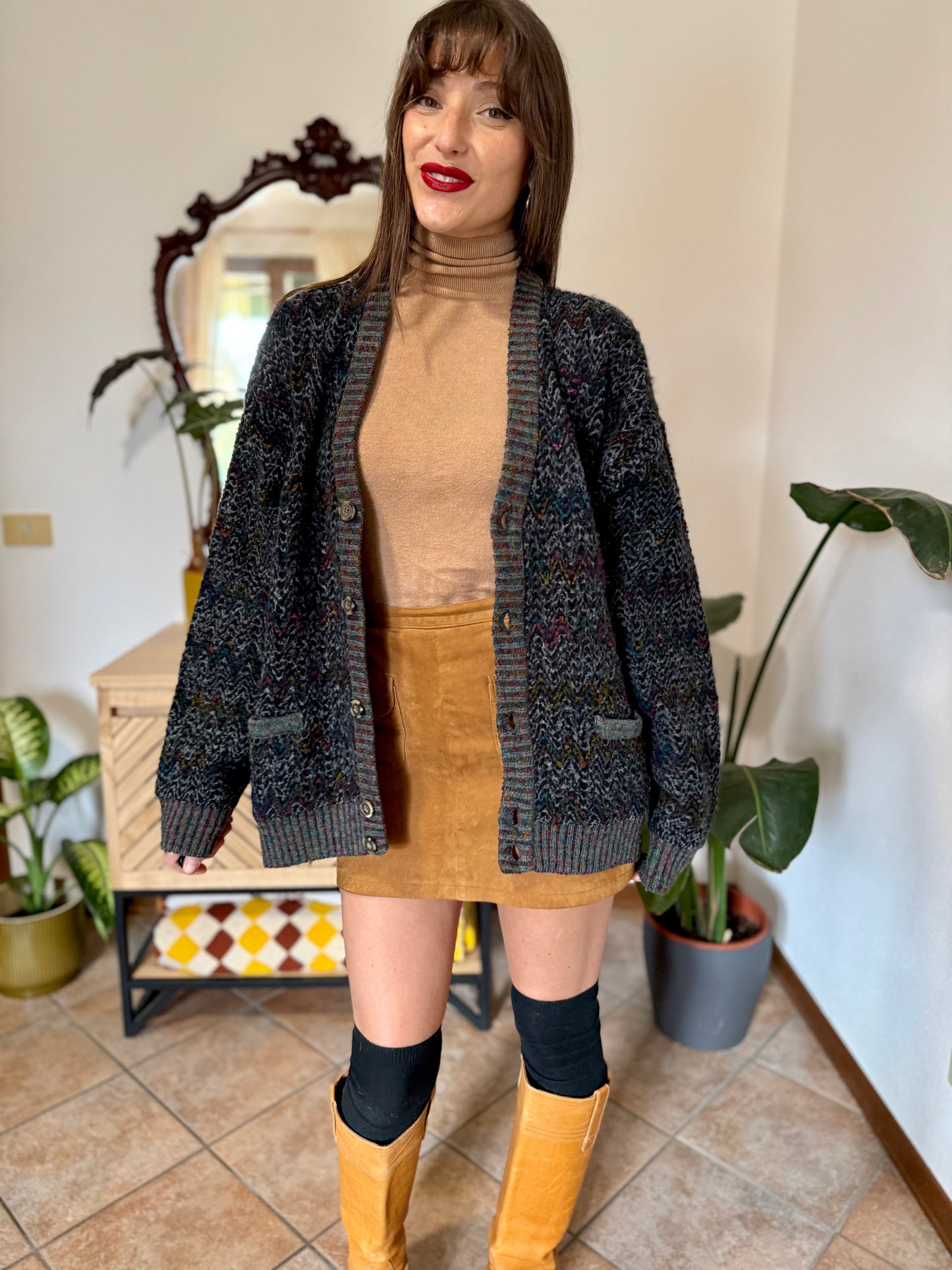 1990's vintage black wool cardigan with rainbow chevron pattern